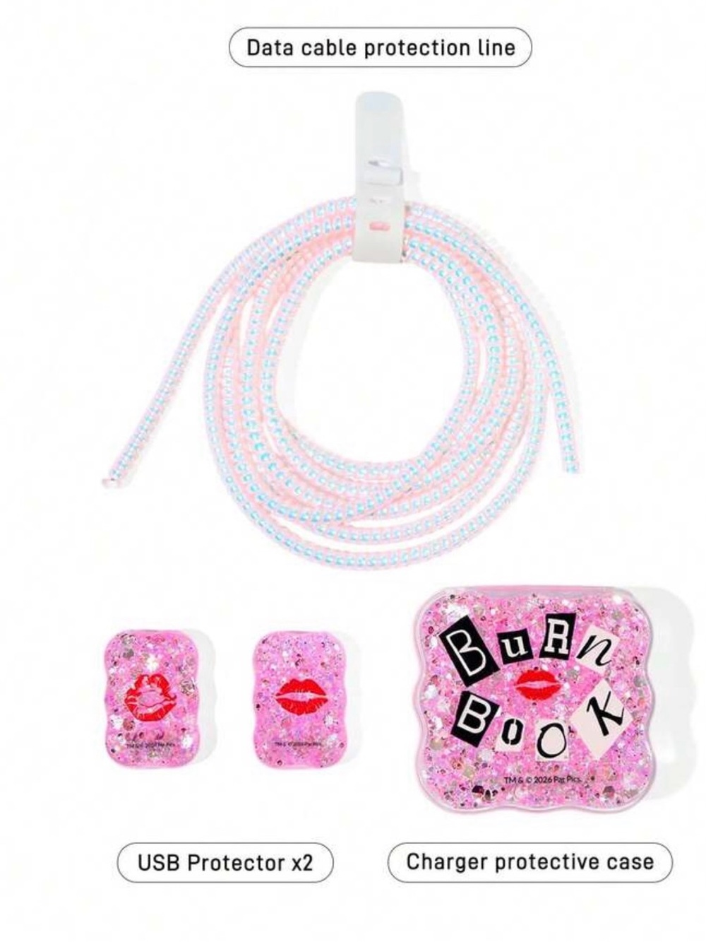 Pink Sparkle Charger Cable and Protective Case Set